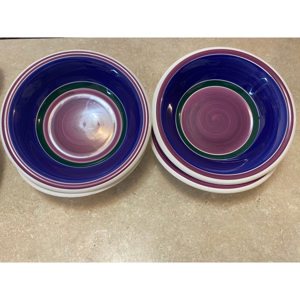 Furio Italy Hand Painted Ceramic Pasta Bowls Set of 4 Blue Purple Green 8.5"